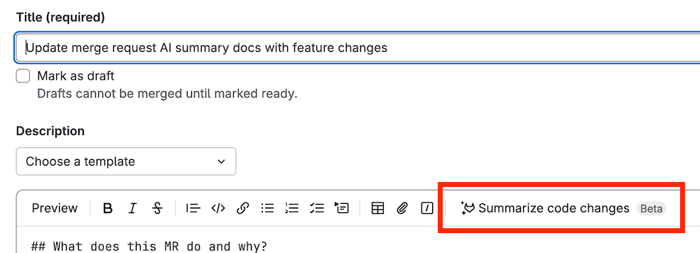 Above the text area, a toolbar displays a "Summarize code changes" button.